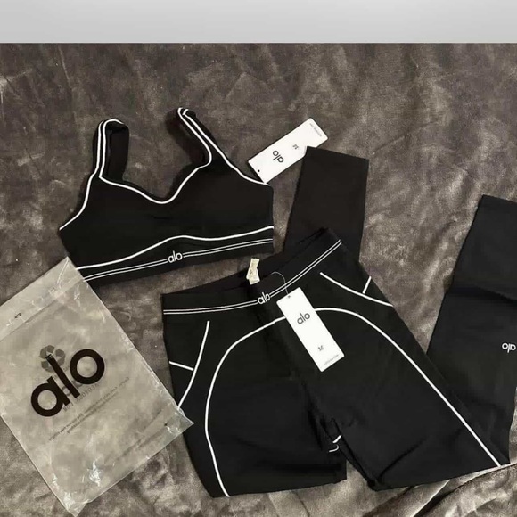 ALO Yoga Pants - ALO Yoga Black Leggings & Sports Bra Set with White Piping